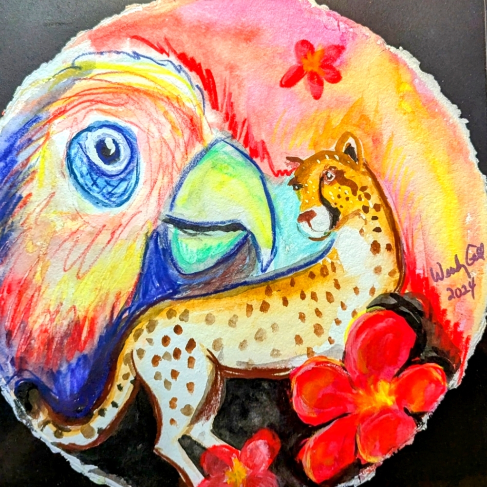 Wendy Gell Painting Jungle Scene Parrot And Leopard Round Paper.